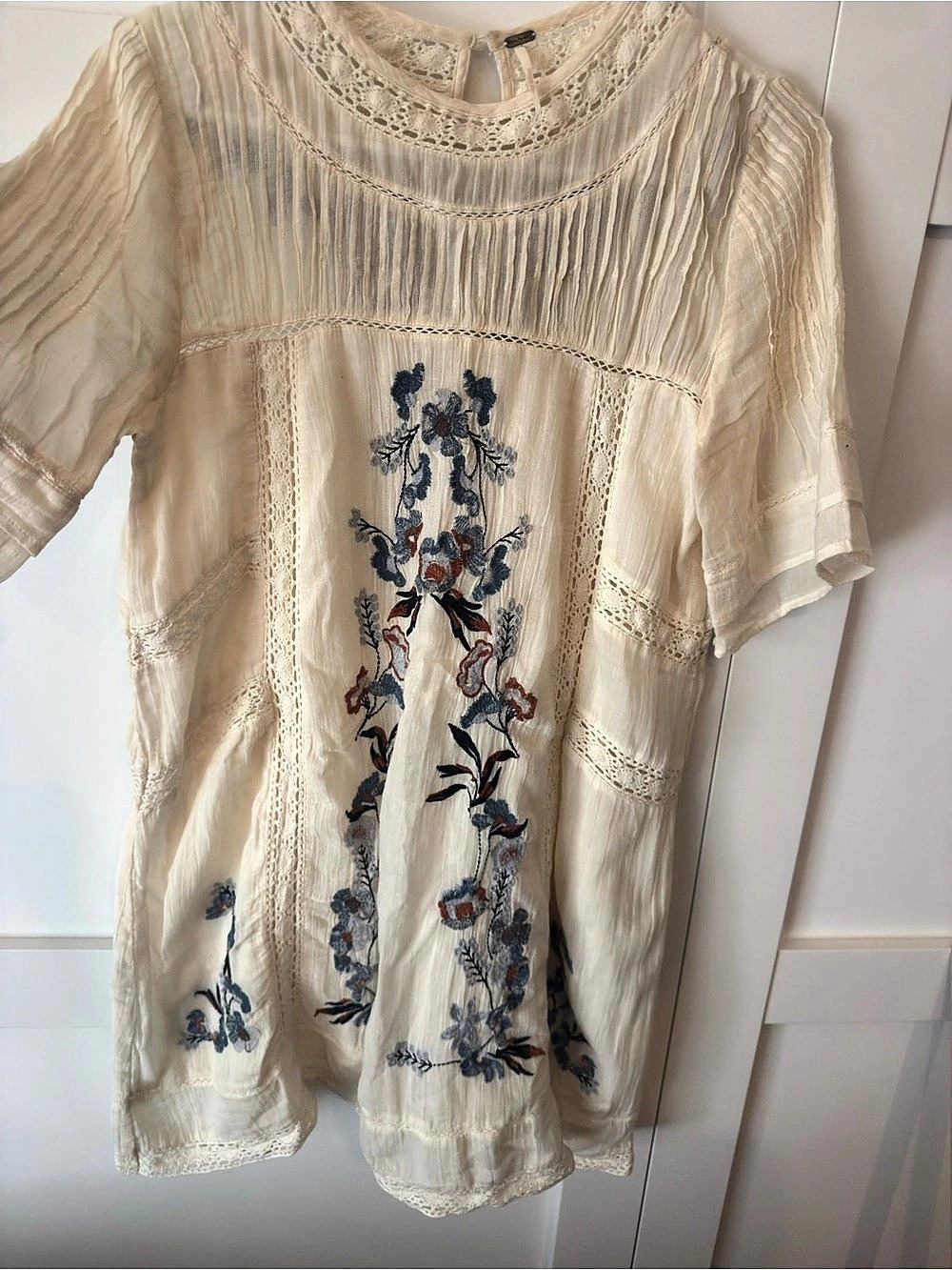 Free People Dance Magic Tunic Embroidered Floral Cotton Cream & Blue Size XS